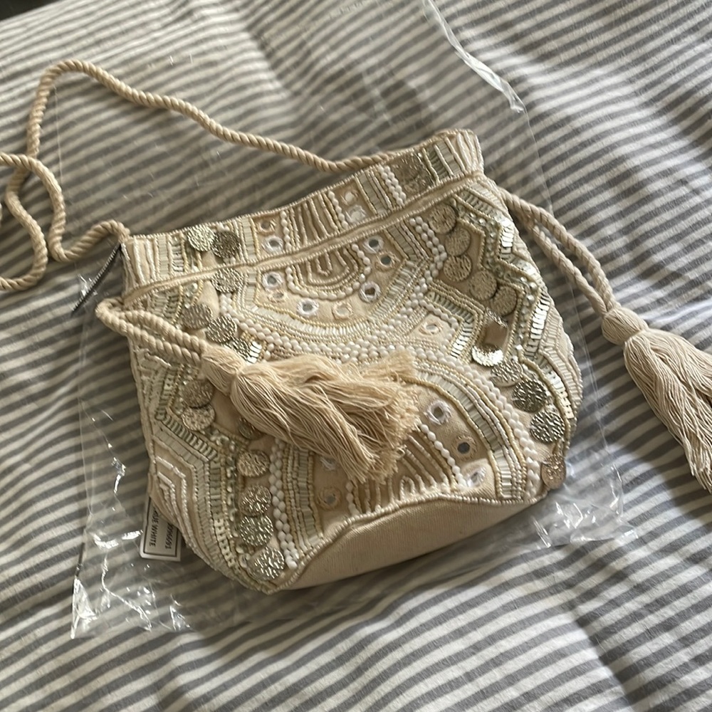 NWT Express boho ivory small canvas mirrored and beaded bucket bag